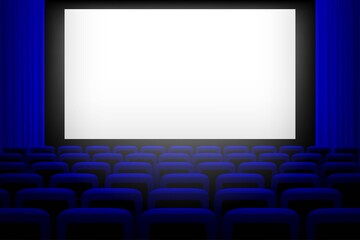 Screen in movie theater with blue curtains and seats background. Empty cinema auditorium vector illustration. Film presentation or performance event. Watching entertainment scene