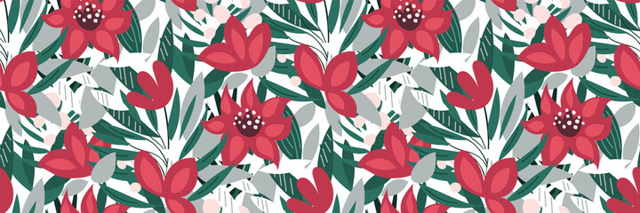 Seamless floral pattern with pink flowers, leaves on a white background. Elegant Botanical print in a simple hand-drawn style. The perfect template for fashion design, fabrics, Wallpapers... Vector