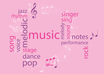 music colored word collage -  pink vector background