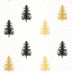 Christmas tree seamless pattern. Noel gold print, New year winter holiday decoration, golden christmas background with firs and white snow, wallpaper, wrapping paper design