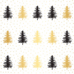 Fototapeta premium Christmas tree seamless pattern. Noel gold print, New year winter holiday decoration, golden christmas background with firs and white snow, wallpaper, wrapping paper design