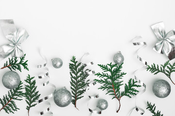 New Year's, festive decor on a white background. Copy space, flat lay, mock up, top view
