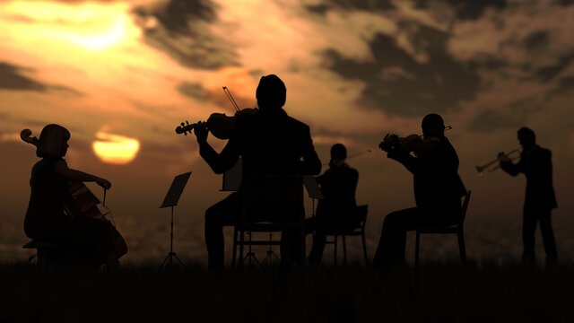 Group of musicians in orchestra playing outdoor under sunset and sea 3d rendering