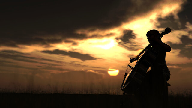 Signle woman musician playing cello alone in nature with impressive sunset view 3d rendering
