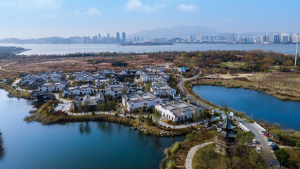 Fototapeta premium Aerial photography of autumn scenery in the beautiful rural town of Qingdao, China