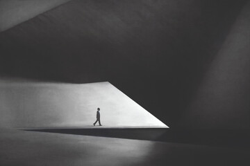 illustration of business man walking under modern minimal architecture - obrazy, fototapety, plakaty