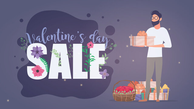Valentine's Day Sale. The inscription on the theme of Valentine's Day. A man holds a basket of roses. Vector.