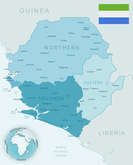 Blue-green detailed map of Sierra Leone administrative divisions with country flag and location on the globe.