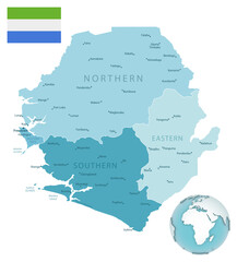 Obraz premium Sierra Leone administrative blue-green map with country flag and location on a globe.