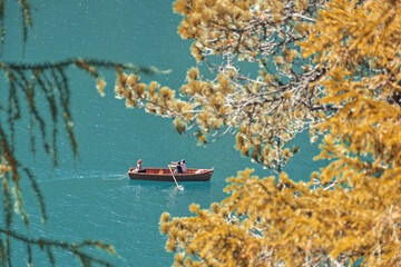 BRAIES, ITALY - Sep 11, 2019: High angle view of wooden boat on lake. Lake Braies, Italy.