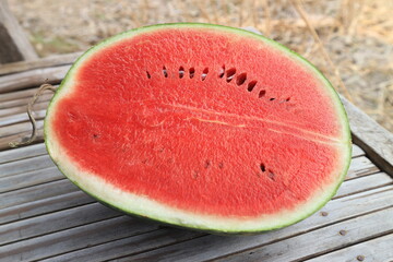 Watermelon slices on the wooden table, healthy food