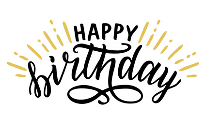 Happy Birthday text lettering calligraphy with gold line ornament isolated on white background. Greeting Card Vector Illustration