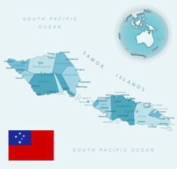 Blue-green detailed map of Samoa administrative divisions with country flag and location on the globe.