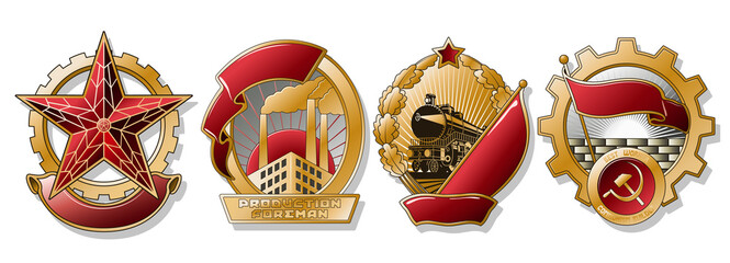 Old Soviet Golden Medals Style Sticker Set, Socialism Symbols - obrazy, fototapety, plakaty