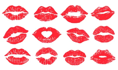 Fotobehang Female lips lipstick kiss print set for valentine day and love illustration. Collection of Lips marks with grunge effect. Vector illustration. © EVGENIY