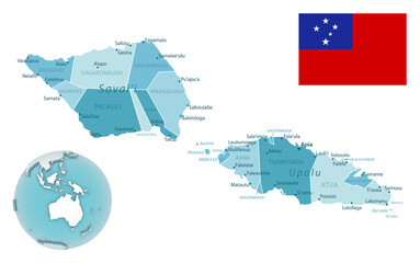 Samoa administrative blue-green map with country flag and location on a globe.