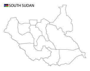 South Sudan map, black and white detailed outline regions of the country.
