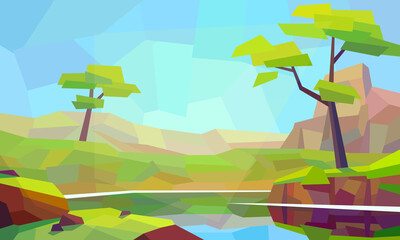 Low poly river landscape. Trees, mountains, sunny, reflection, coast. Vector illustration