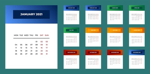 Calendar 2021 template planner Vector new year calender in clean minimal table simple style. Holiday event planner,Week Starts Monday.12 month annual timetable diary