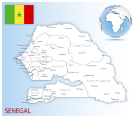 Detailed Senegal administrative map with country flag and location on a blue globe.