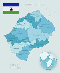 Blue-green detailed map of Lesotho administrative divisions with country flag and location on the globe. Vector illustration