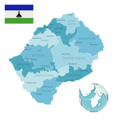 Lesotho administrative blue-green map with country flag and location on a globe. Vector illustration