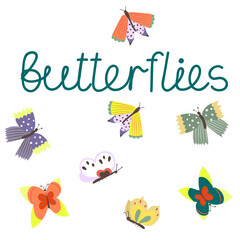 Colorful print or template with bright butterflies and lettering - butterflies. Card in naive style for decoration, postcards, clothes print, invitation card and ect.