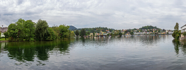 Panorama view of Gmunden and the castle of Orth, seen from the access bridge