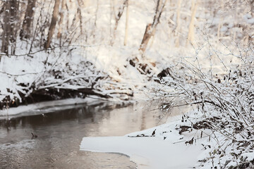 winter landscape in the forest, beautiful snow-covered trees, seasonal nature view, snowfall in Christmas morning