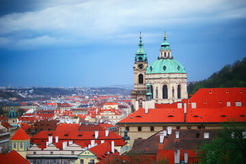 Obraz premium Prague view / panoramic landscape of the czech republic, Prague view with red roofs of houses from above, landscape in the European capital