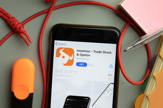 New York, United States - 7 November 2020: moomoo Trade Stock app store logo on phone screen, Illustrative Editorial