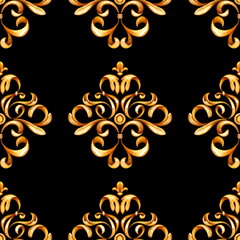 Seamless pattern with decorative gold scrolls on black background