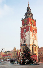 Fototapeta na wymiar Gothic town hall tower in Krakow in December