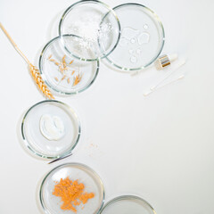 Development Of eco-friendly and modern cosmetics for skin care, a set of bottles and ingredients,