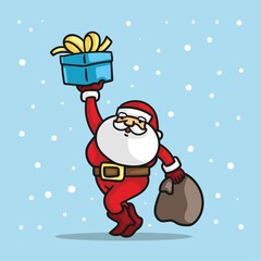 santa claus with running bring a sack of gift and holding a box of gift. vector illustration.