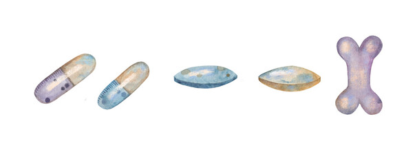 Watercolor pill and capsules set. Bone tablet for a pet. Bone form drugs for dog and cat. Medicine care kit.