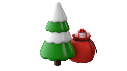 Christmas tree and bag with gifts. 3d illustration. Isolated on white background