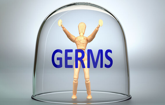Germs can separate a person from the world and lock in an invisible isolation that limits and restrains - pictured as a human figure locked inside a glass with a phrase Germs, 3d illustration