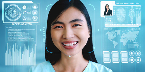 Facial recognition technology scan and detect people face for identification . Future concept interface showing digital biometric security system that analyze human face to verify personal data .