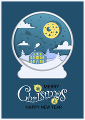 Christmas card cut out of paper. Christmas balloon with white and yellow elements on a dark blue background.