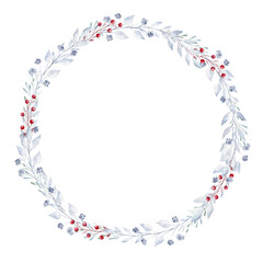 Watercolor greenery and berries wreath. Hand painted clipart. Perfect for Christmas invitation, greeting card, diy.