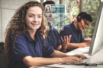 Facial recognition technology scan and detect people face for identification . Future concept interface showing digital biometric security system that analyze human face to verify personal data .