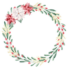 Watercolor Christmas floral wreath with red berries. Perfect for invitations, greeting cards, signs.