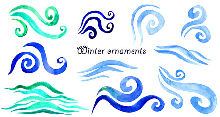 Fototapeta na wymiar Winter ornaments set - abstract winter geometric shapes. Symbols of cold weather, wind, snow and ice. Isolated elements in blue colors. Watercolor illustration.