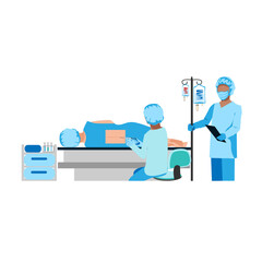 The doctor give an epidural in the operating room. Surgery. Obstetrics and gynecology. Thanks to the doctors and nurses. Vector illustration isolated on white background.