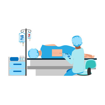 The doctor give an epidural in the operating room. Surgery. Obstetrics and gynecology. Thanks to the doctors and nurses. Vector illustration isolated on white background.