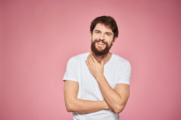 cute bearded men white t-shirt studio pink isolated background