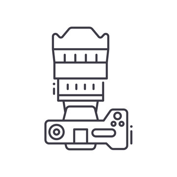 Camera top view icon, linear isolated illustration, thin line vector, web design sign, outline concept symbol with editable stroke on white background.