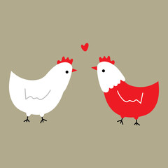 Cute two chickens with red heart in pastel grey background