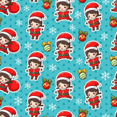 Cute Santa girl Seamless Pattern. Cute character cartoon. Santa claus, kid, Snowflake, and ball. Blue and dot background. Vector illustration. Wallpaper, Web page background, Card and banner design.
